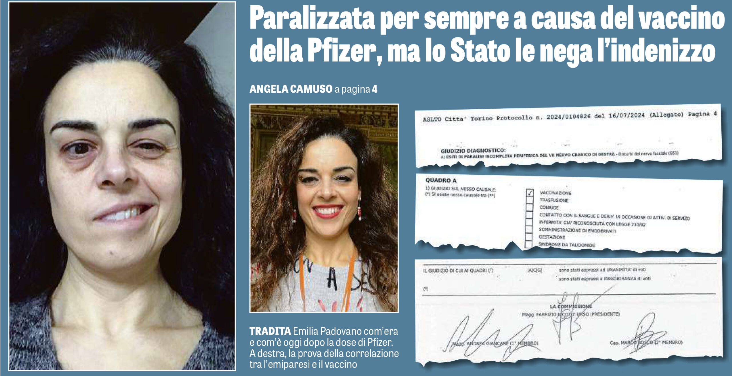 Emilia Padovano e il vaccino Pfizer su "La Verita" del 21 Ottobre 2024